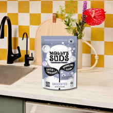 Molly's Suds dishwasher powder pouch standing on countertop near sink