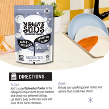Molly's Suds dishwasher powder pouch next to a large sink strainer