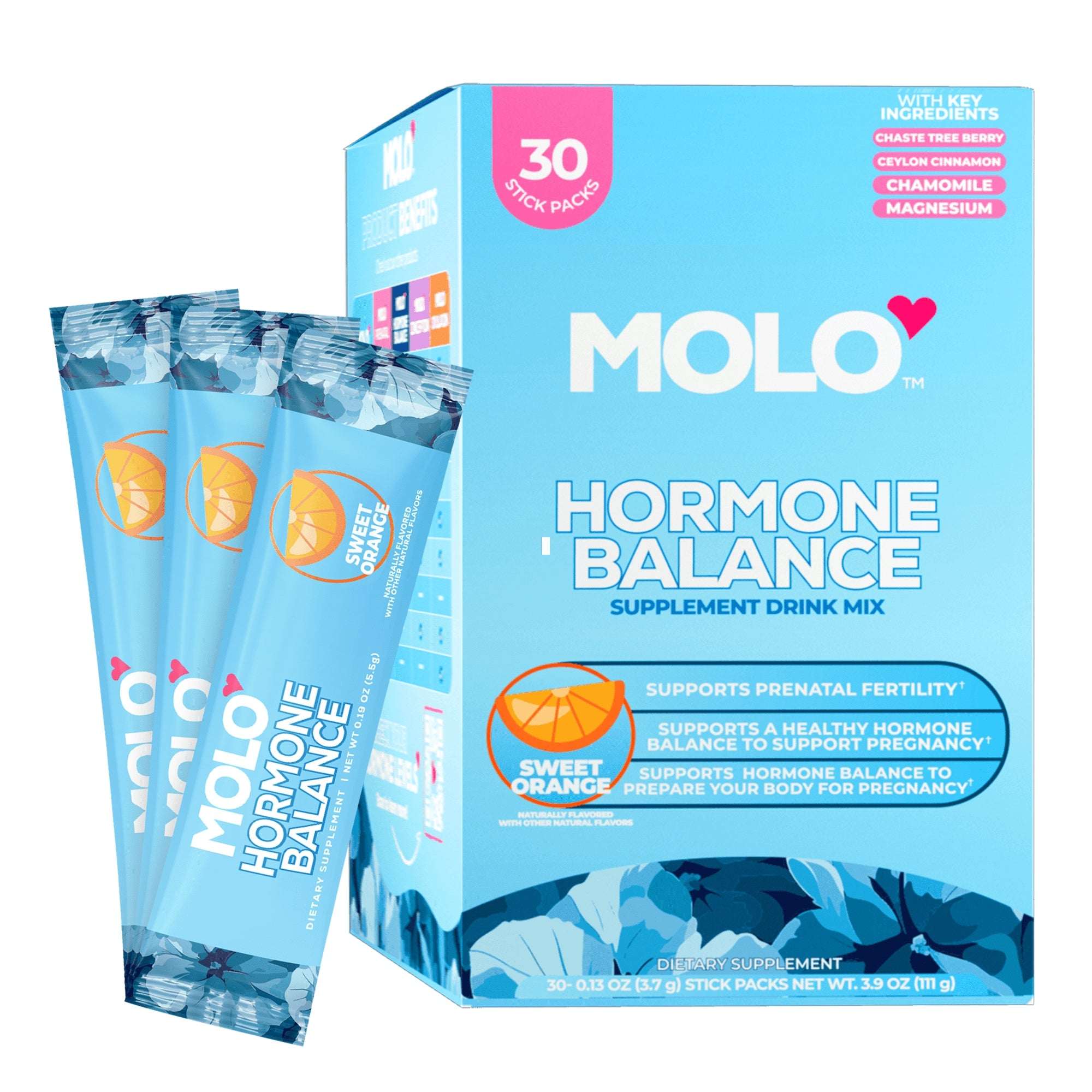 Molo Hormonal Balance Supplement Drink Mix, Mood Support and Cycle Regulation, Sweet Orange, 30 pack