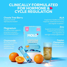 Hormone Balance supplement drink mix with ingredient items, orange, and water glass