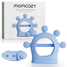 Momcozy blue diver silicone wrist teether with textured side bumps and ring opening