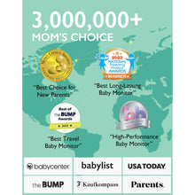 Baby video monitor award badge graphic with multiple award logos and 'bb' emblem