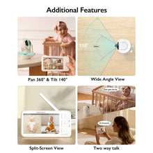 White video baby monitor handheld showing split-screen view with two-way talk