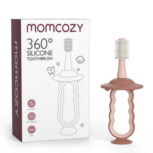 Momcozy 360° silicone infant toothbrush with soft bristles and suction base, brown