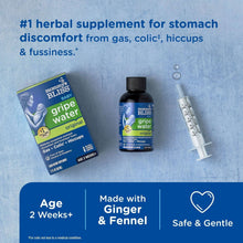 Baby gripe water original bottle, box, and syringe with age 2 weeks+ label