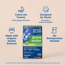 Mommy's Bliss baby gripe water original box with calming and no-refrigeration icons