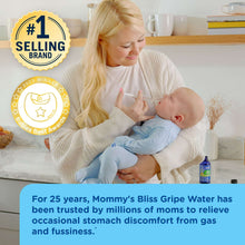 Mother holding baby with Mommy's Bliss baby gripe water original box and #1 badge
