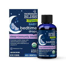 Organic baby bedtime drops bottle with black cap and blue sleep+immunity blend label