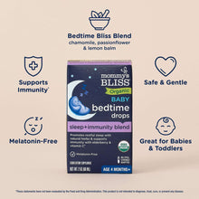 Organic baby bedtime drops box labeled sleep+immunity blend, melatonin-free, age 4 months+