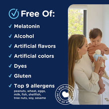 Free-from checklist card for baby bedtime drops listing melatonin, alcohol, dyes, and top allergens