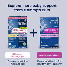 Baby supplement boxes with icons and headings for massage gel and multivitamin drops