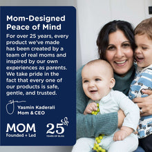 Mom-designed bedtime supplement info card with mother and baby photo and founding badge