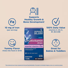 Baby multivitamin drops box and bottle with iron and daily vitamin icons