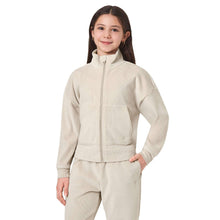 Beige youth zip-up jacket with high collar and zip front; matching joggers.