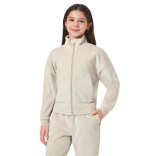 Youth zip-up jacket and joggers set in beige, front view with zipper pocket