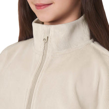 Beige youth zip-up jacket close-up of stand collar and zipper pull