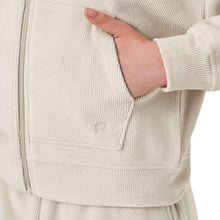 Beige zip-up jacket pocket and zipper detail with ribbed cuffs.