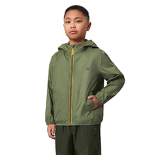 Kids rain jacket and pants set in olive green, zip-front hooded jacket and matching pants