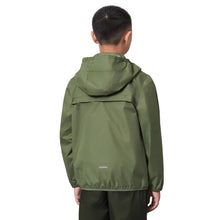 Kids rain jacket and pants set in olive green, hooded jacket back view