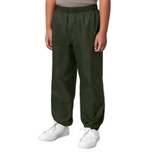 Kids rain set rain pants in olive green, elastic waistband and relaxed tapered legs