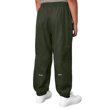 Kids rain set rain pants in olive green, back view with elastic ankle cuffs