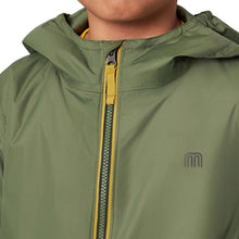 Kids rain jacket in olive green with yellow zip and small chest logo