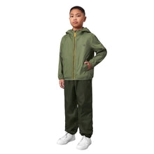 Kids rain jacket and pants set in olive green, zip-front hooded jacket and pants