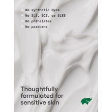White packaging panel with no synthetics, no parabens claims icons