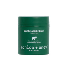 Monica + andy soothing baby balm jar, dark green with lid and front label