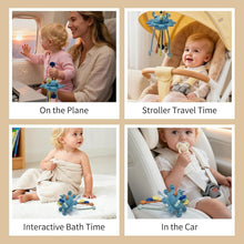 Blue pull-string sensory toy shown in stroller, car, and plane use photos.