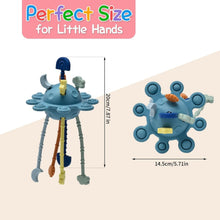 Blue pull-string sensory toy with multiple rotating arms and hanging clips.