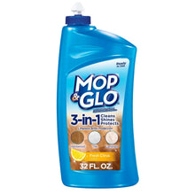 Blue cleaning polish bottle with Mop & Glo label, 32 fl oz size