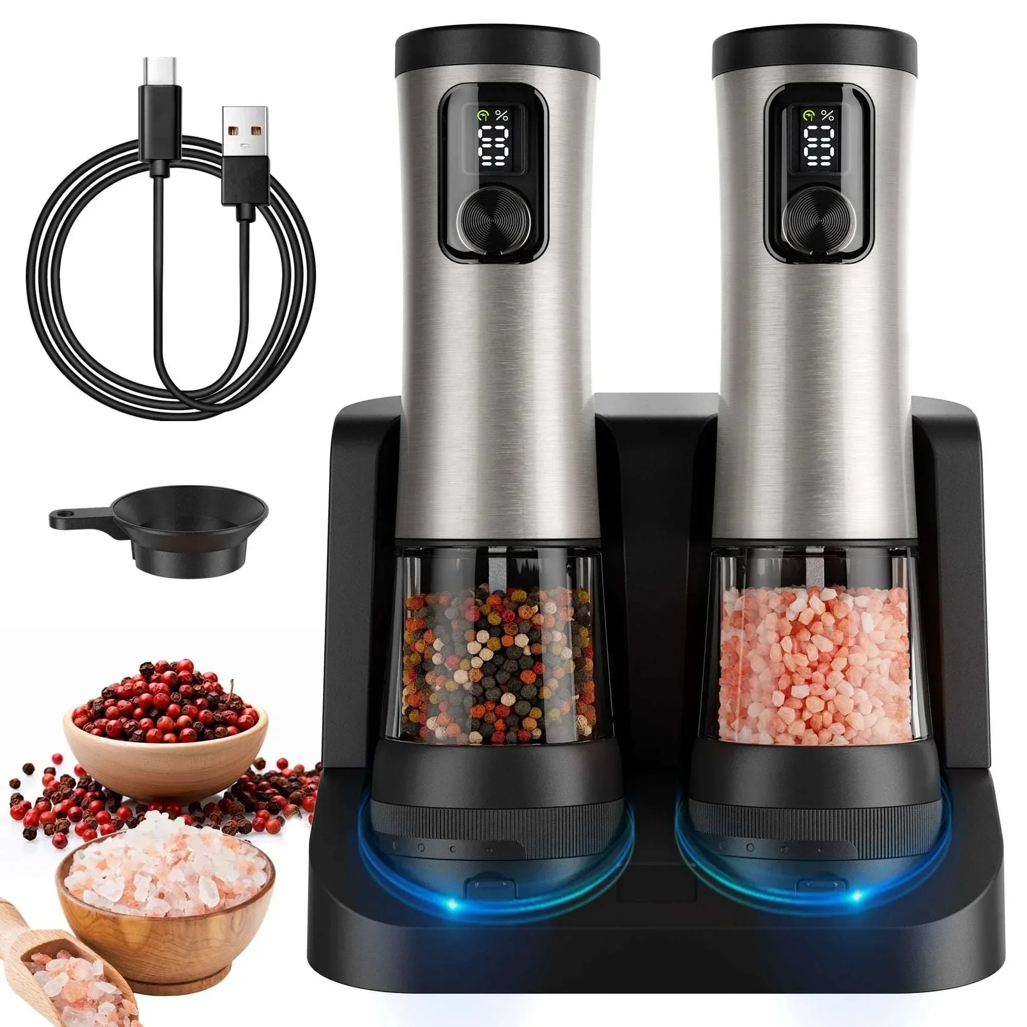 Moreblue Electric Salt and Pepper Grinder Set , Automatic Rechargeable Salt and Pepper Shaker with LED Battery Display & USB‑C Charging Base, Pepper Mill for Kitchen, Dining & Camping
