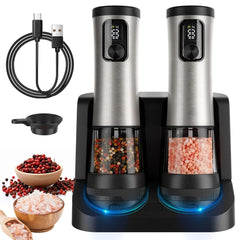 Moreblue Electric Salt and Pepper Grinder Set , Automatic Rechargeable Salt and Pepper Shaker with LED Battery Display & USB‑C Charging Base, Pepper Mill for Kitchen, Dining & Camping