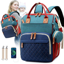 Colorful baby diaper bag backpack with quilted front pocket, top handles, and side pouches.