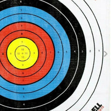 80 cm target face close-up showing yellow center, red ring, and blue/black score rings