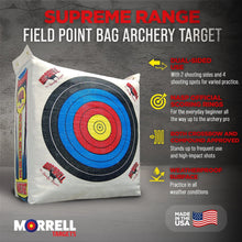 Archery bag target with large blue, red, and yellow concentric rings on white fabric