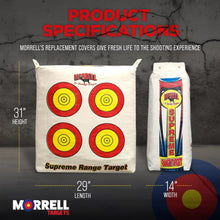 Archery bag target with four red bullseyes and yellow centers on white fabric