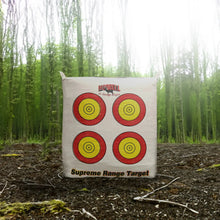 Archery bag target with four red-and-yellow bullseyes on square white fabric