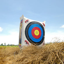 Archery bag target standing with large blue-and-red bullseye on white fabric