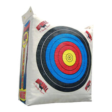 Archery bag target close-up with blue, black, and red concentric rings and yellow center
