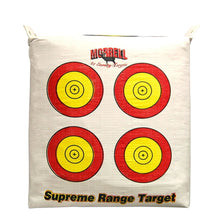 Archery bag target with four red bullseyes and yellow target centers on white fabric