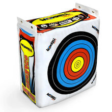 Archery bag target with blue-and-red bullseye circle on white fabric, branded side panel