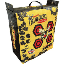 Yellow archery target bag cover with bee-themed graphics, black handles, and hex pattern