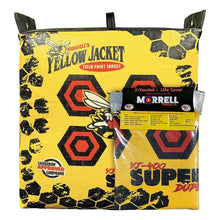 Yellow and black archery target bag cover with carrying handles and graphic targets