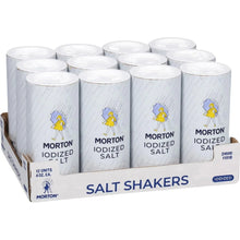 Morton iodized salt shaker set in open tray, showing multiple tubes with caps