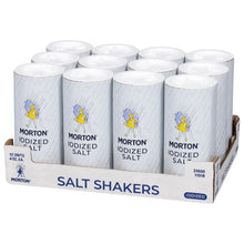 Morton iodized salt shakers, 12-count box with white caps and blue logos
