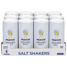 Row of Morton iodized salt shakers with white caps in blue-lettered box