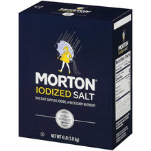 Morton iodized salt carton, dark blue box with 'Food Service' badge and 4 lb net wt