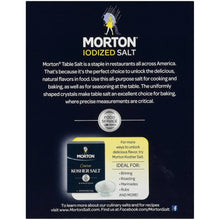 Iodized salt back panel with Morton logo and kosher salt information near a salt mound